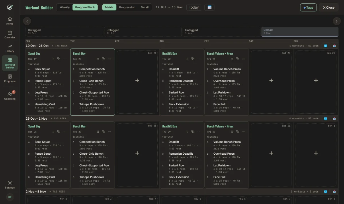 Progress workout builder in Matrix view: four training days per week for Squat, Bench, Deadlift and Press, with empty days shown as dashed add-workout boxes