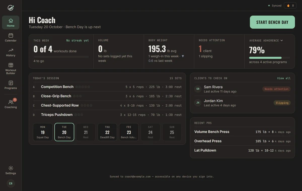 Progress Home page for a coach: Start button, a stat ribbon with this week, volume, bodyweight, clients needing attention and average adherence, today's session, a list of clients to check on and recent PRs