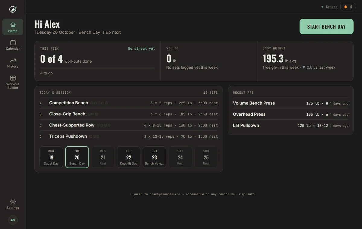 Progress desktop Home page with today's session and Start button, this week's progress, volume, bodyweight and recent personal records