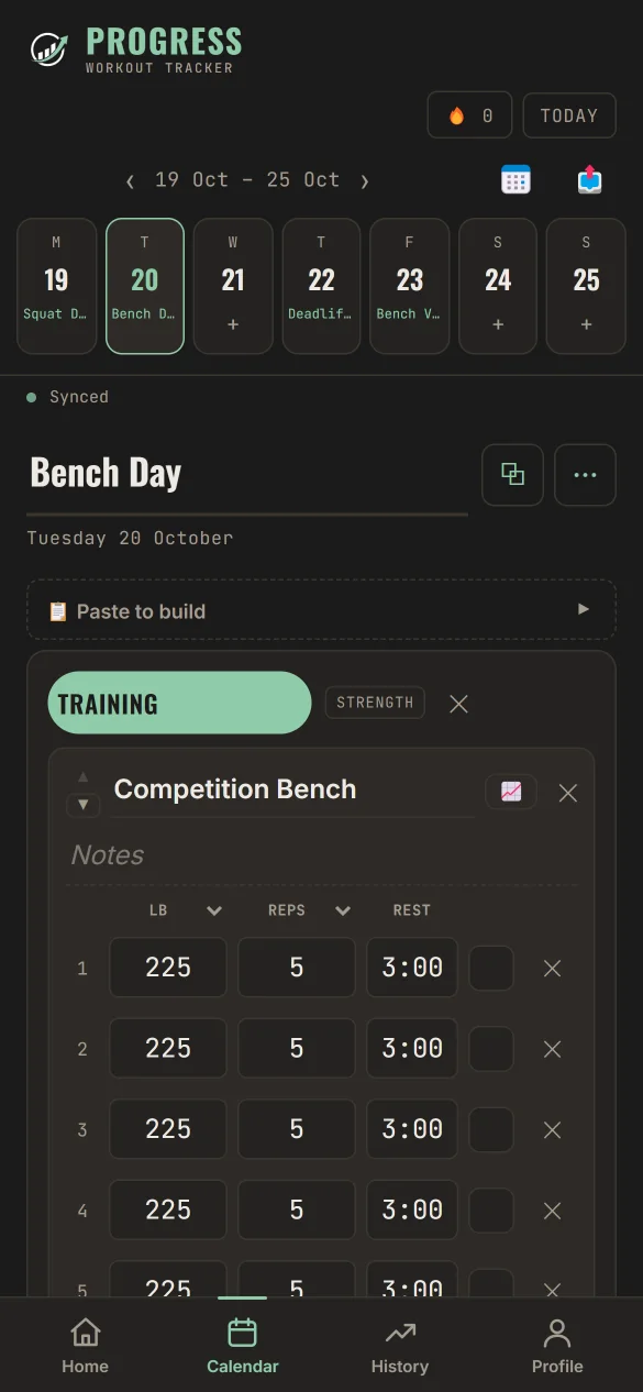 Progress phone calendar with the week's training days and the sets, reps and loads ready to log