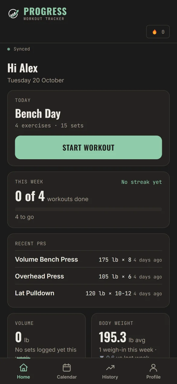 Progress phone home screen with today's workout, a Start Workout button, weekly progress and recent PRs